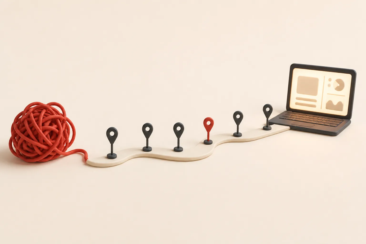 Illustration: a tangled ball of red yarn unravelling into a clean road of milestones that ends at a working product