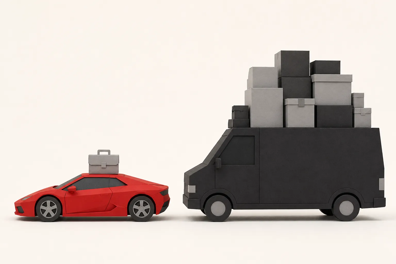 A red sports car with a single briefcase beside it, parked next to a large grey moving van
