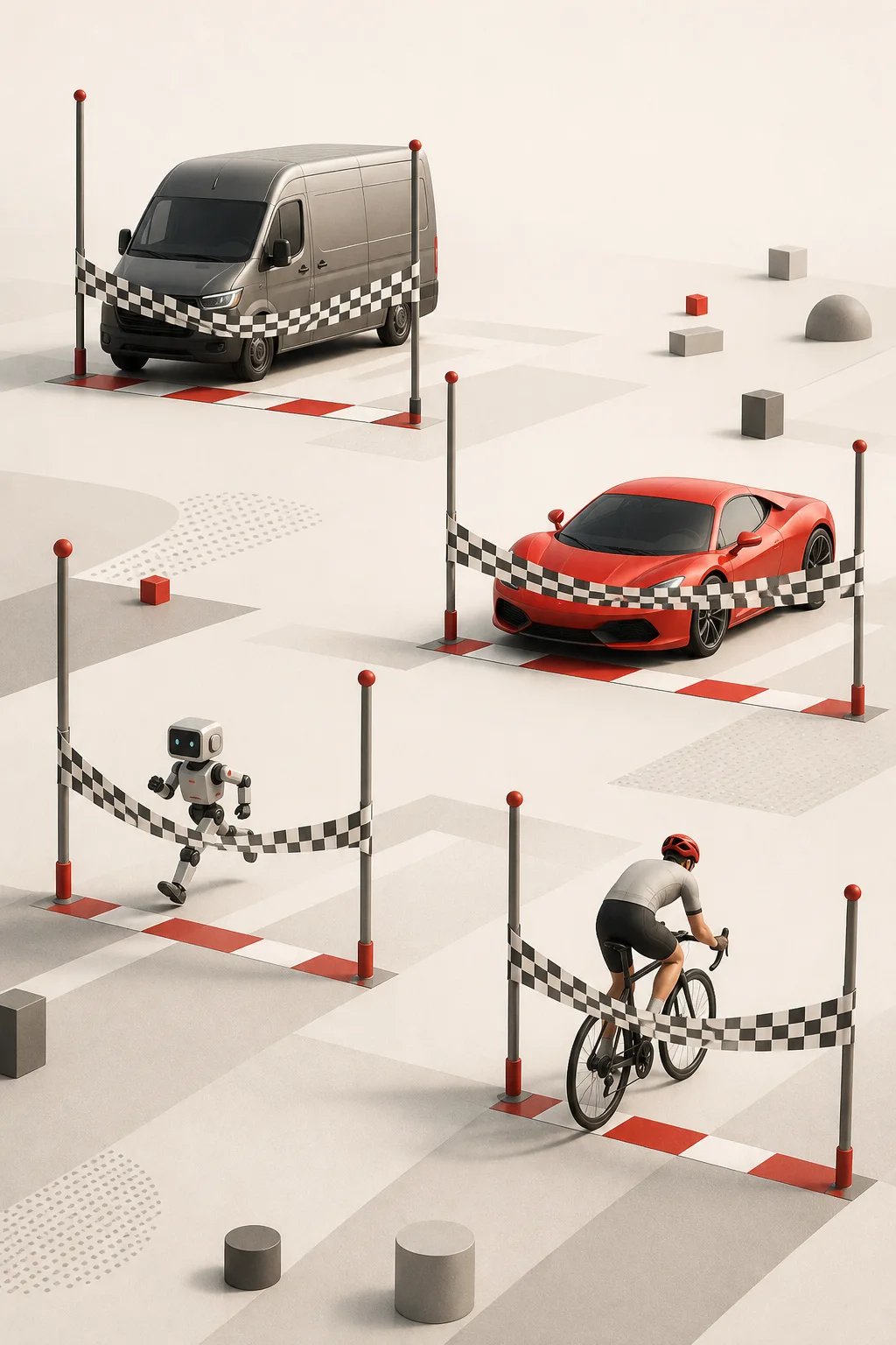 Illustration: several finish lines, each crossed by a different winner — a van, a sports car, a robot and a cyclist