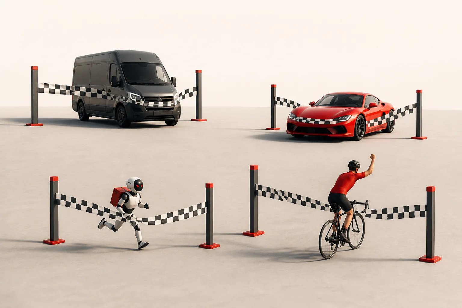 Illustration: several race finish lines, each crossed by a different kind of winner