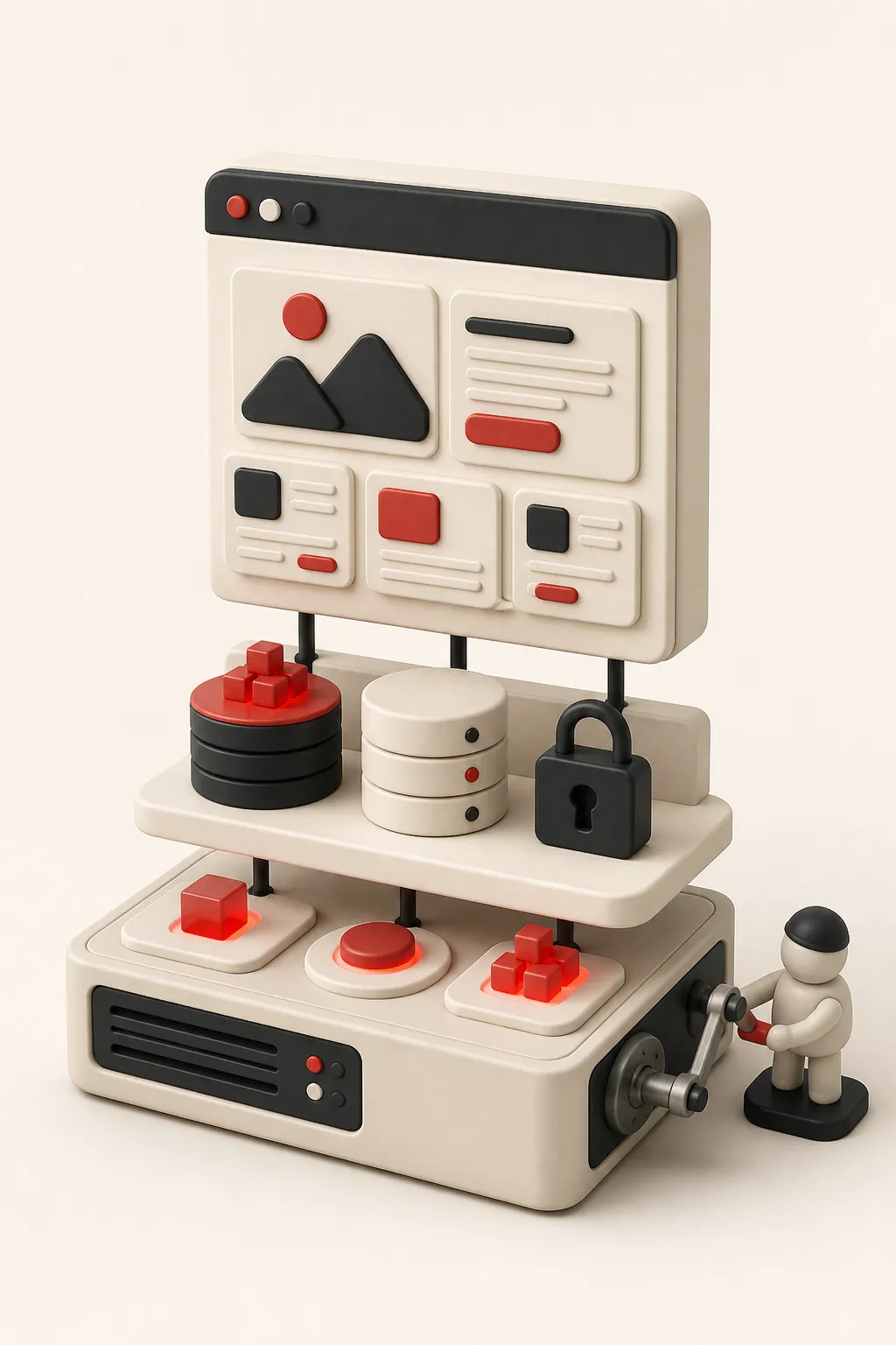 Illustration: a layered model of a production web app — a browser screen on top, a cache, database and padlock below it, and a worker turning a crank on the machine underneath