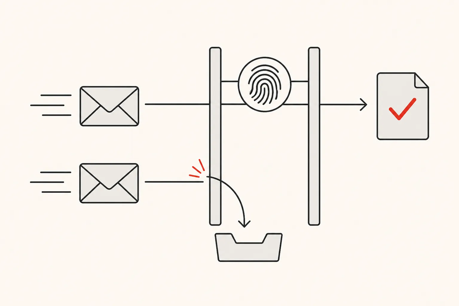 Diagram: the same webhook arriving twice, an idempotency gate letting one through and deflecting the duplicate