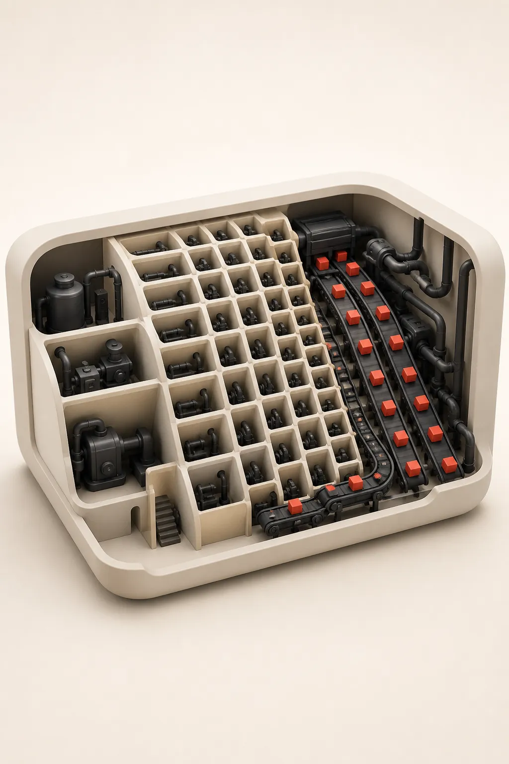 Illustration: a cutaway of a machine, with tidy compartments of pipework on one side and conveyor lanes carrying red parcels on the other