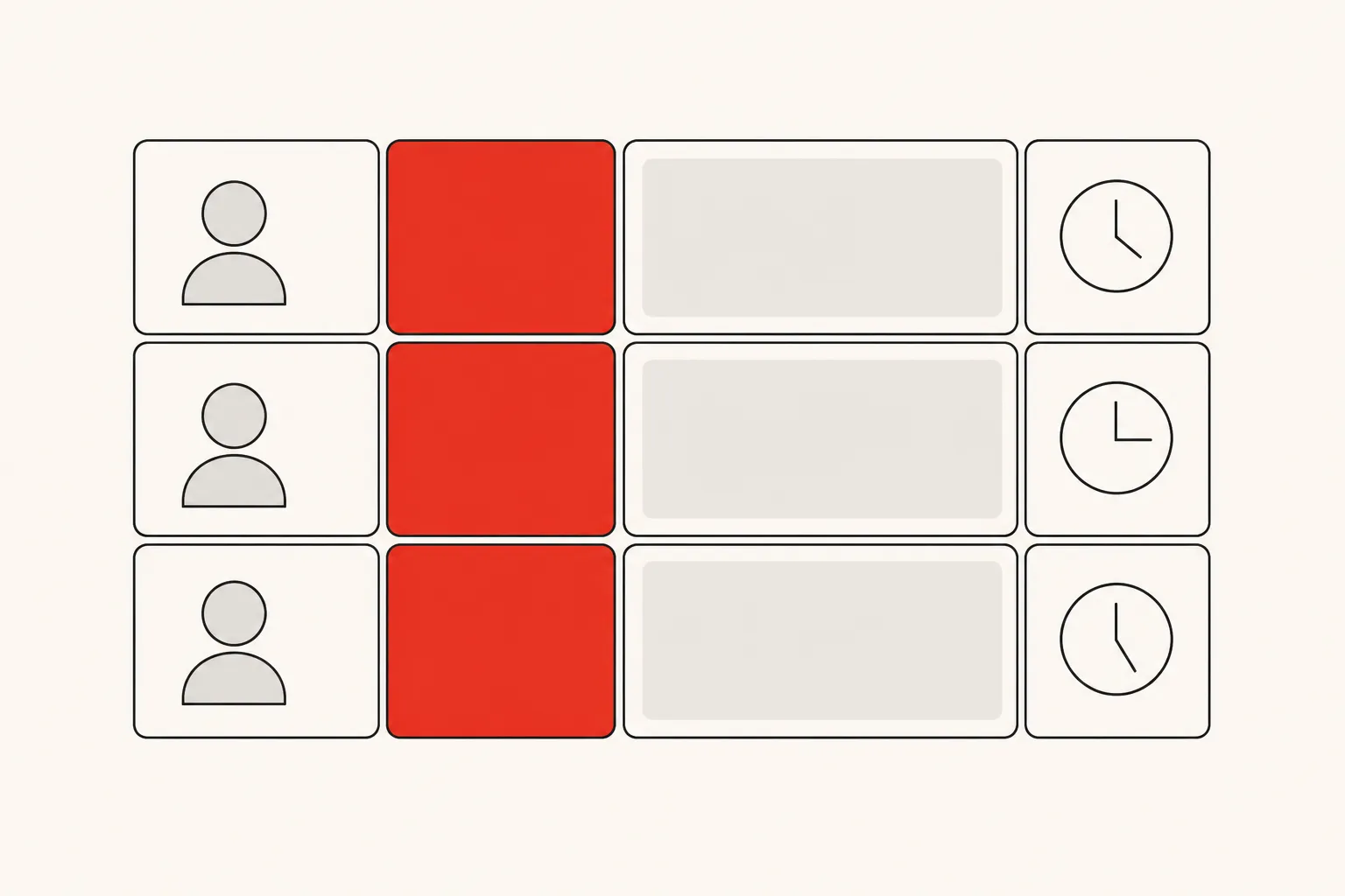 Diagram: a decision board, one row per decision — an owner, the decision marked in red, a note and a deadline clock