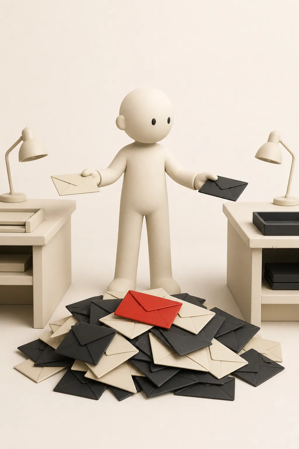 Illustration: a project manager passing unopened envelopes between two desks while a pile grows at their feet