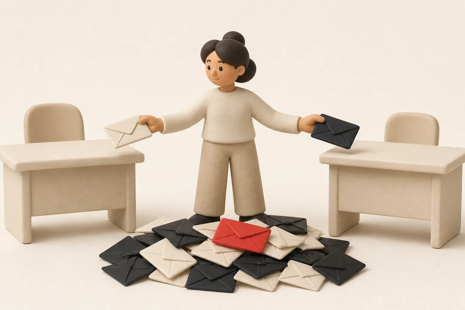 Illustration: a project manager passing unopened envelopes between two desks while a pile grows at their feet