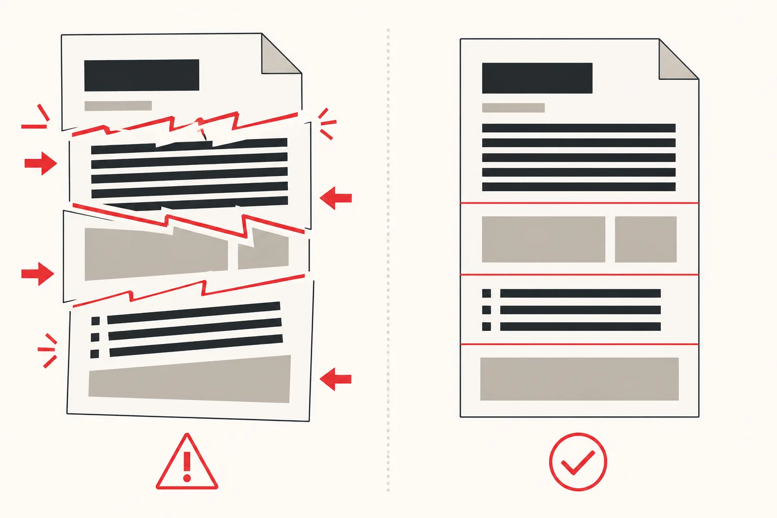 Before and after: a document sliced mid-clause versus the same document split cleanly along its section boundaries