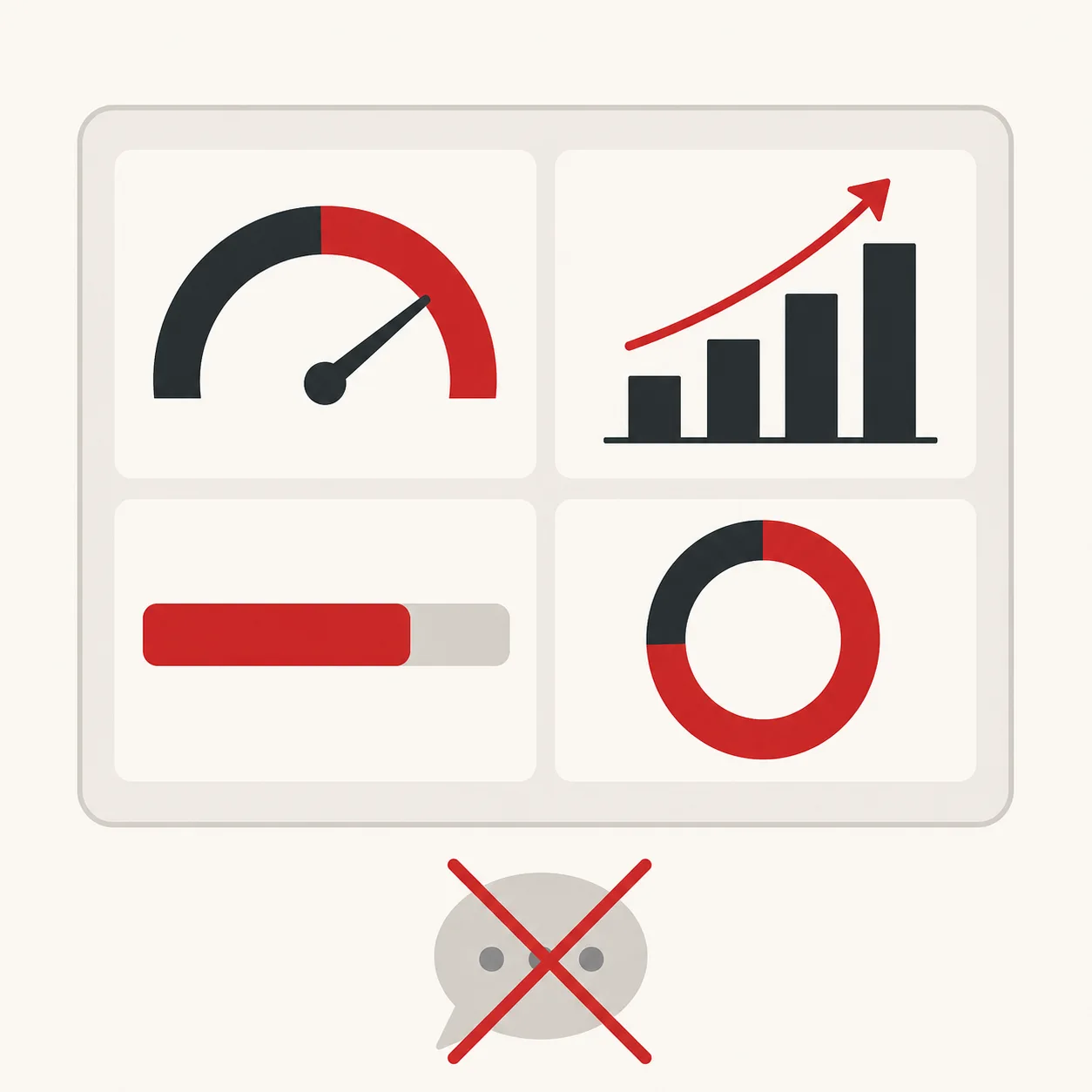 Metrics dashboard with gauge, bar chart, progress bar and percentage ring; a chat bubble below is crossed out