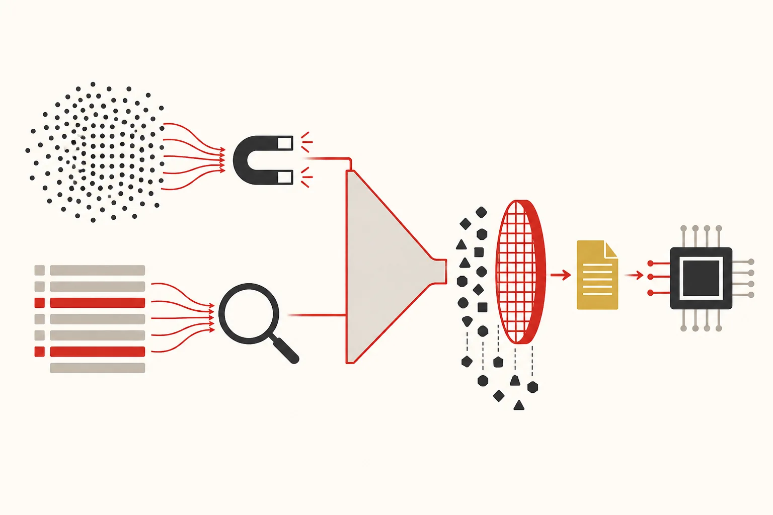 Architecture: dense and keyword retrieval lanes merging through fusion into a reranker, producing one answer document