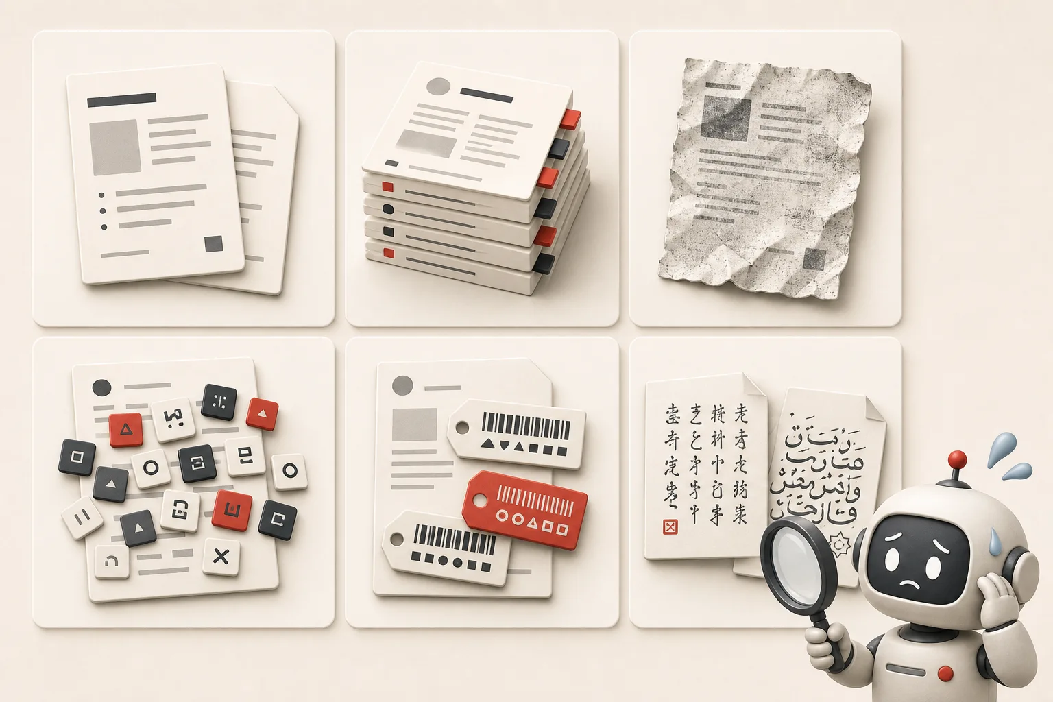 Tiles showing duplicates, versioned copies, scanned pages, acronyms, part numbers and mixed languages, watched by a sweating robot