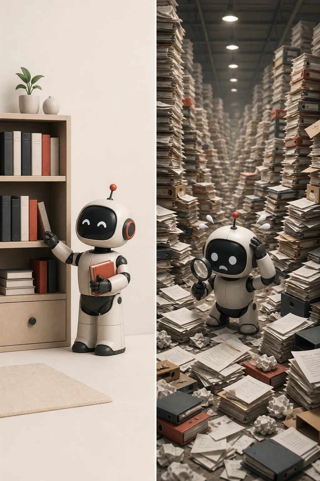 Illustration: a tidy small bookshelf beside a chaotic warehouse of documents, with an overwhelmed robot librarian