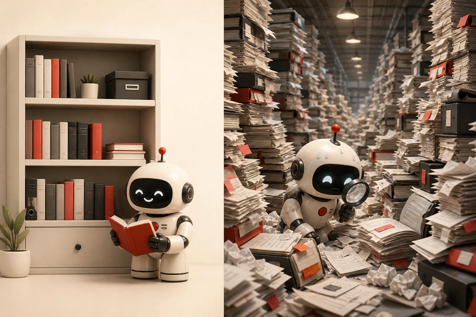 Illustration: a tidy bookshelf beside a chaotic warehouse of documents, with a small robot librarian