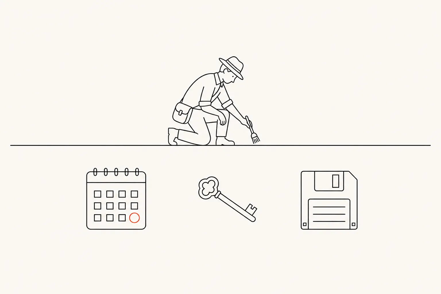 Diagram: an archaeologist brushing away soil to uncover buried business rules — a circled calendar date, an old key and a floppy disk