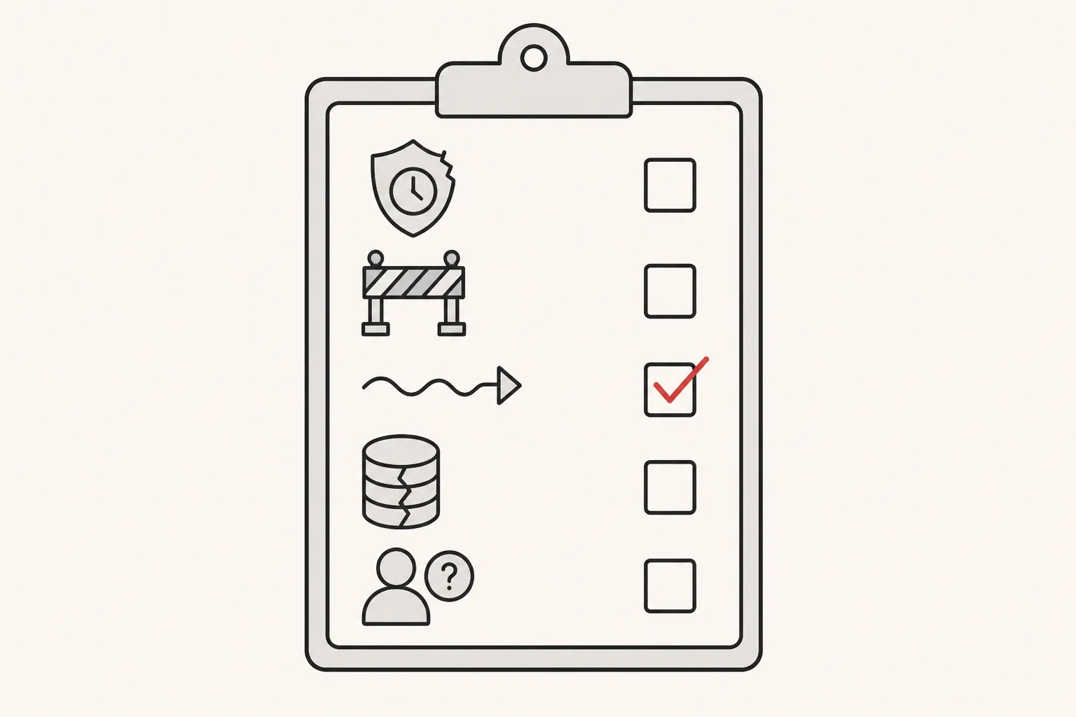 Diagram: a five-item rewrite checklist — expired security support, a blocked roadmap, unreliable releases, a cracked data model and lost knowledge — with one box ticked in red