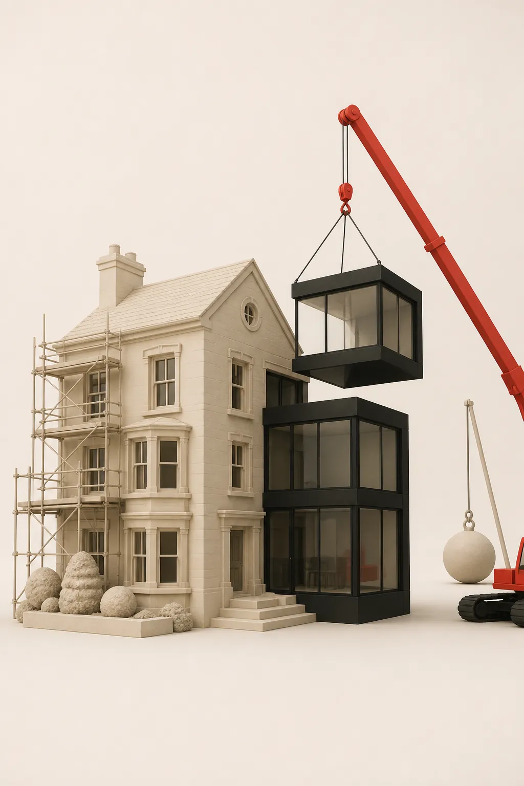 Illustration: an old but sound building with one wing being modernised while the wrecking ball sits idle