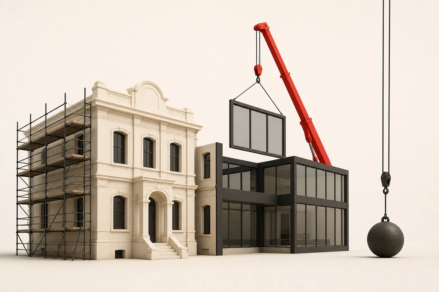 Illustration: an old but sound building with one wing being modernised while the wrecking ball sits idle