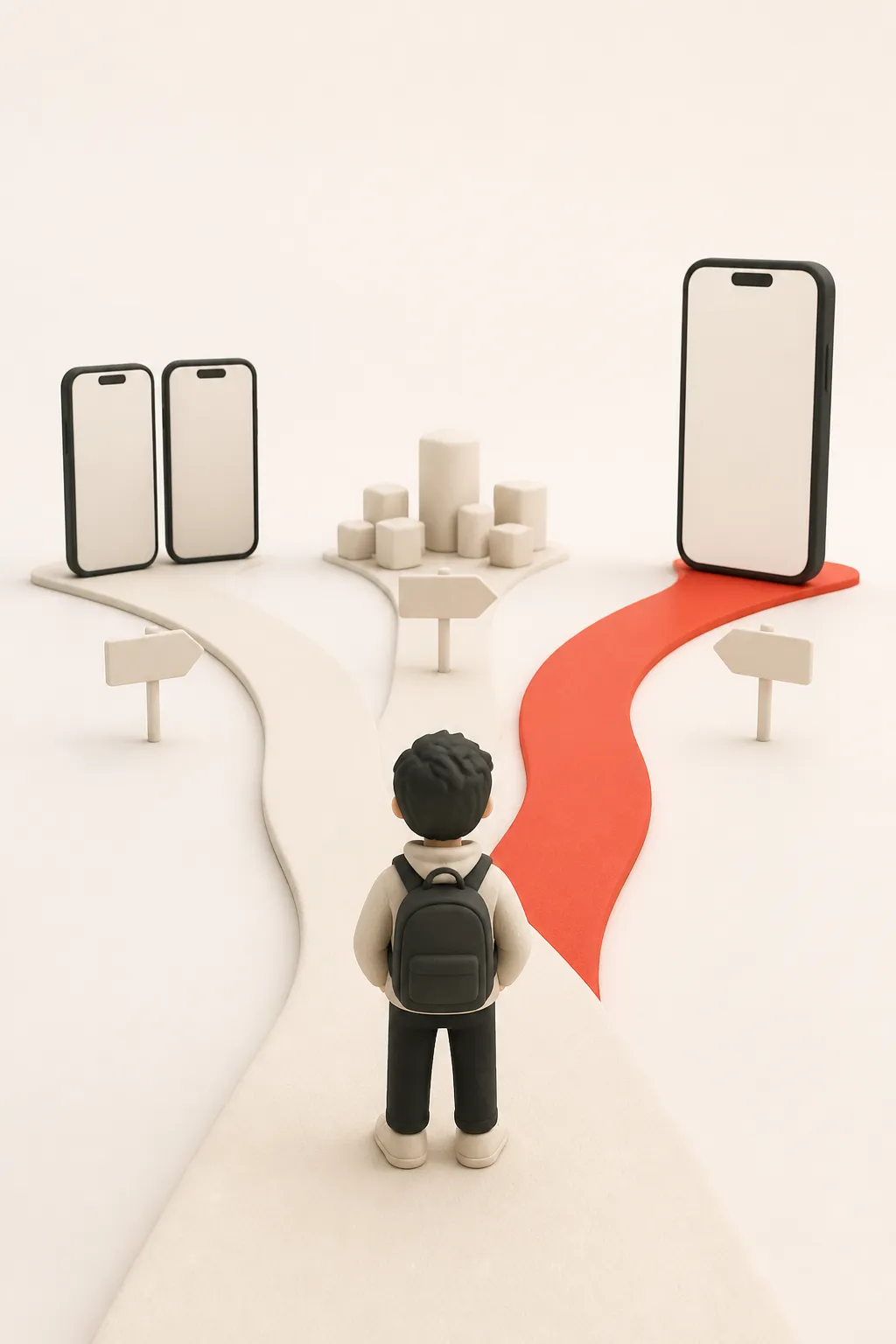 Illustration: a founder standing at a three-way fork in the road, each route leading to a different mobile approach