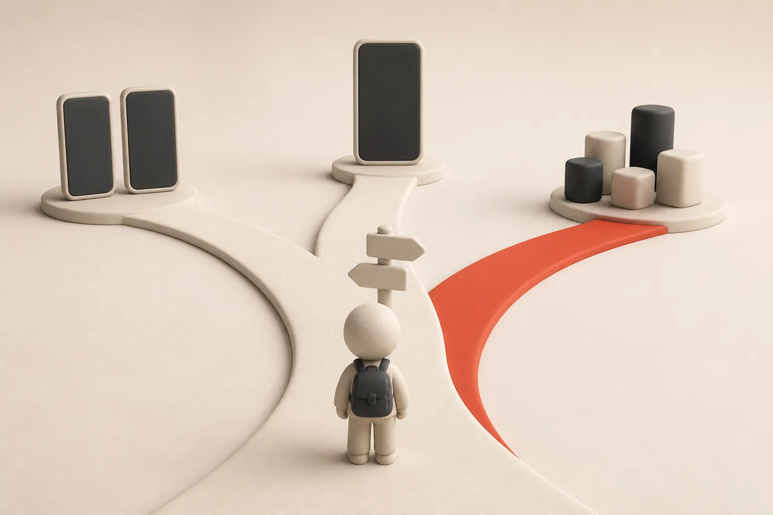Illustration: a founder standing at a three-way fork in the road, each route leading to a different mobile approach