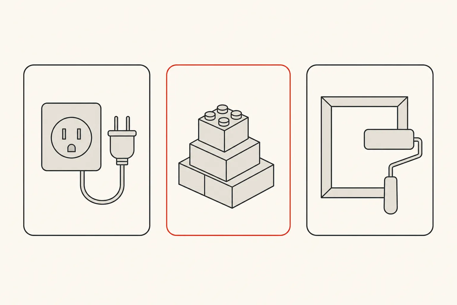Diagram: three outlined cards — a plug and socket, stacked building blocks, and a picture frame with a paint roller — standing for JSI, TurboModules and Fabric