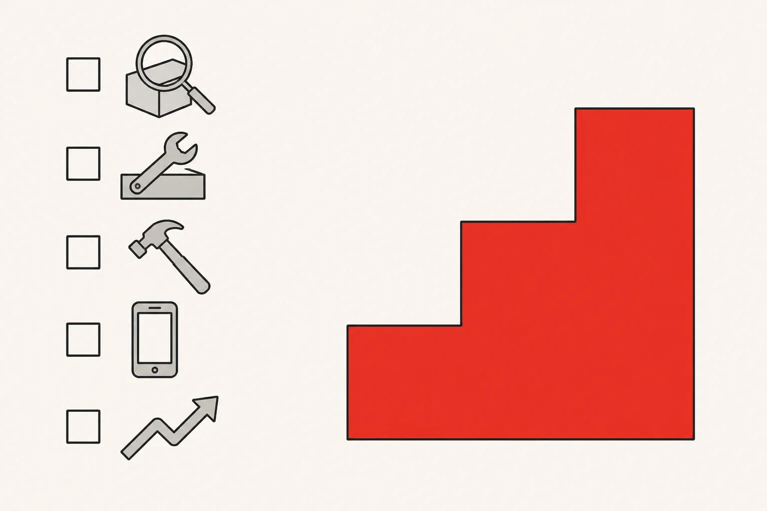 Diagram: a five-point checklist with icons for dependency audit, native modules, build tooling and device testing, beside a three-step staircase in red