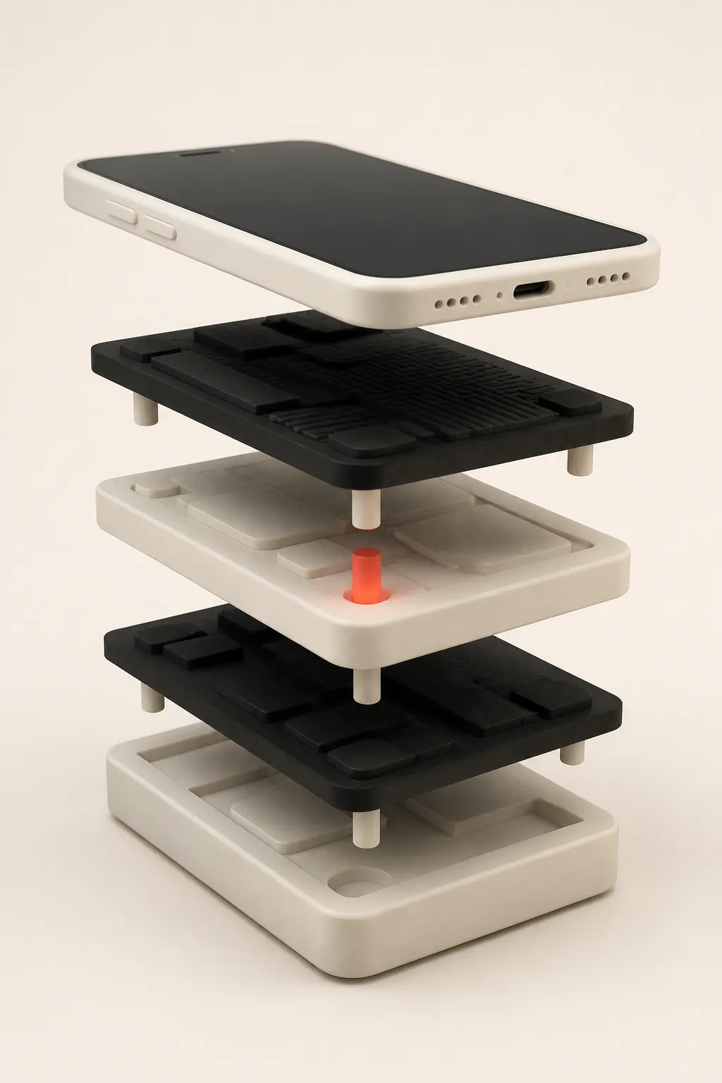 Illustration: a phone floating above four stacked trays in an exploded view, with a single red pin between the layers