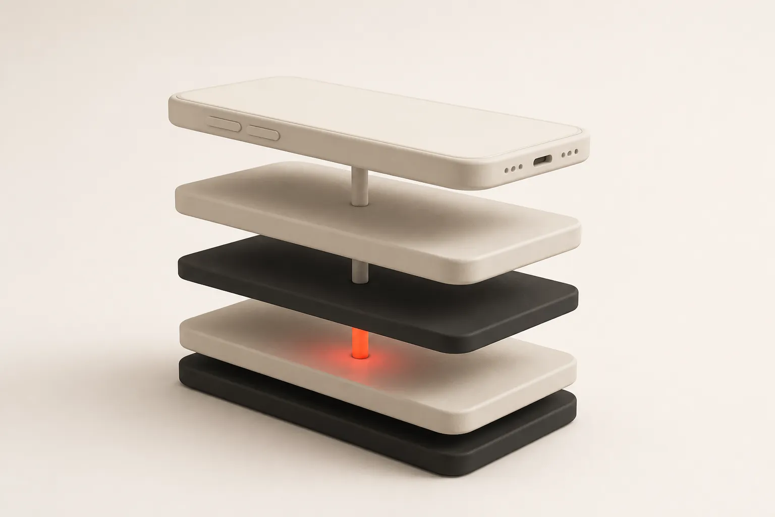 Illustration: an exploded view of a phone above the layers of React Native’s architecture