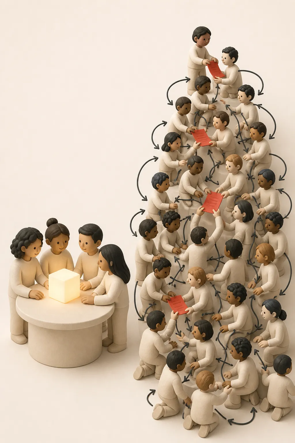 Illustration: a four-person team around one product beside a sprawling hierarchy of handoffs