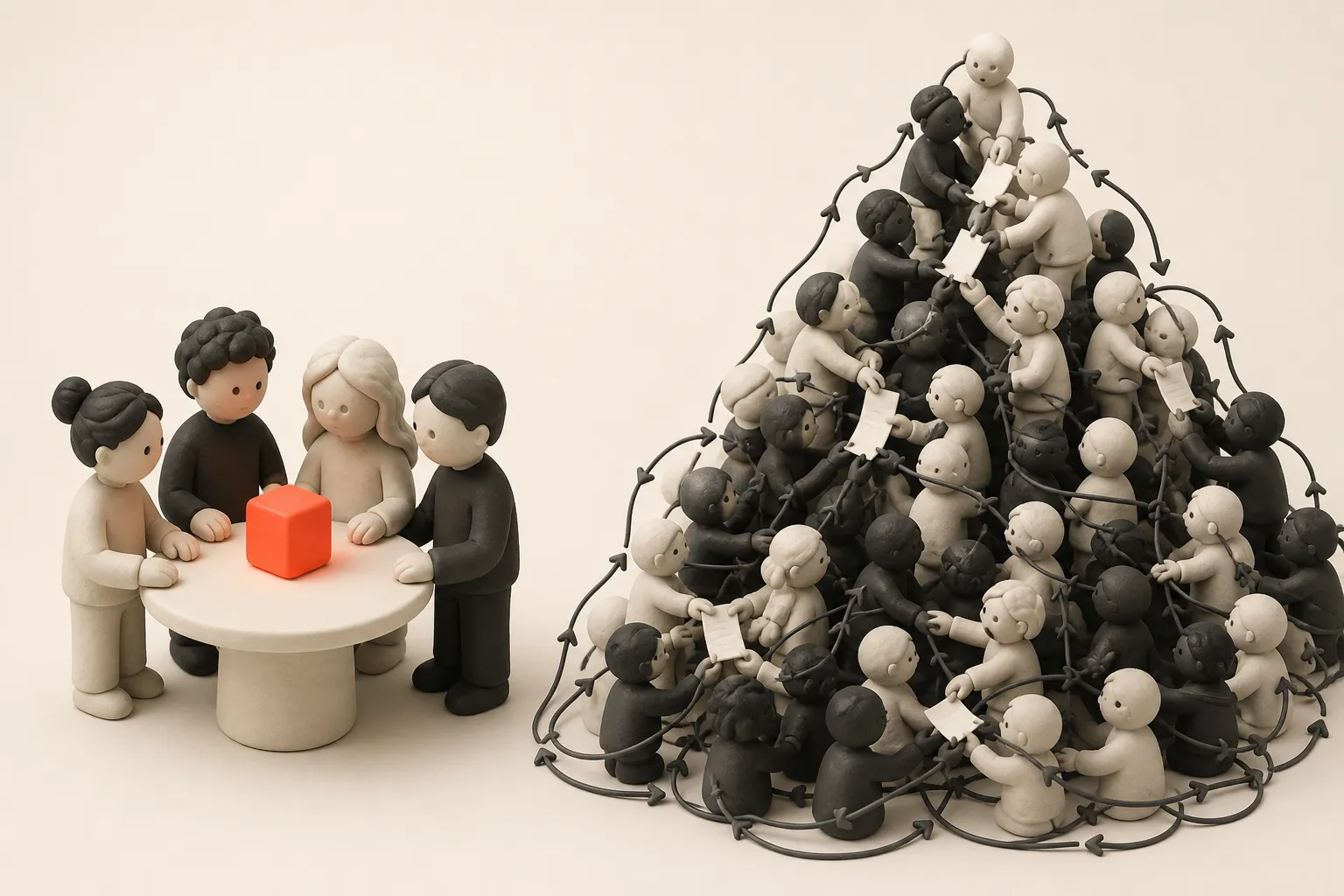 Illustration: a four-person team around one product beside a sprawling hierarchy of handoffs