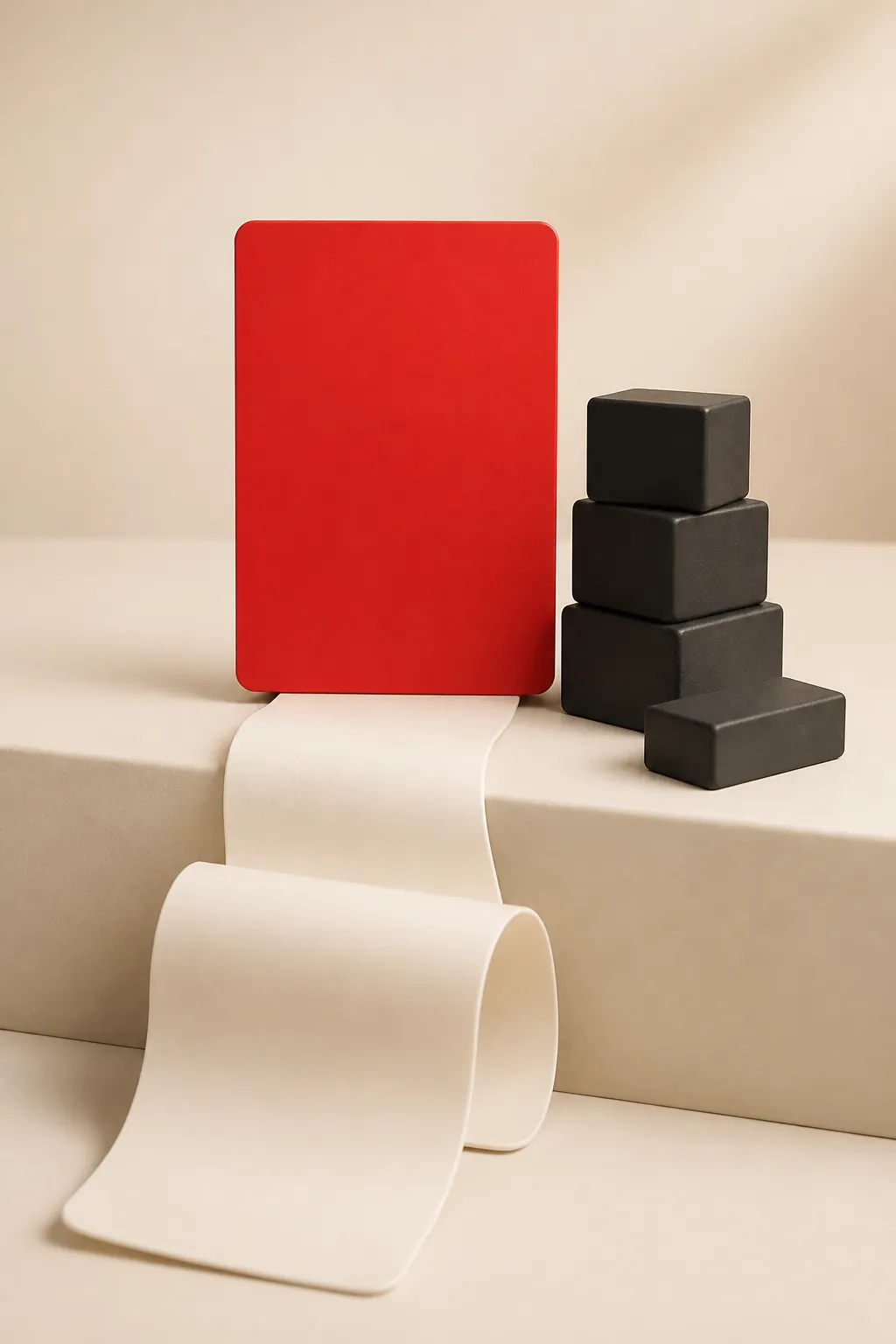 Illustration: a plain red card propped on a ledge with a long blank statement curling out from under it, beside a stack of dark blocks