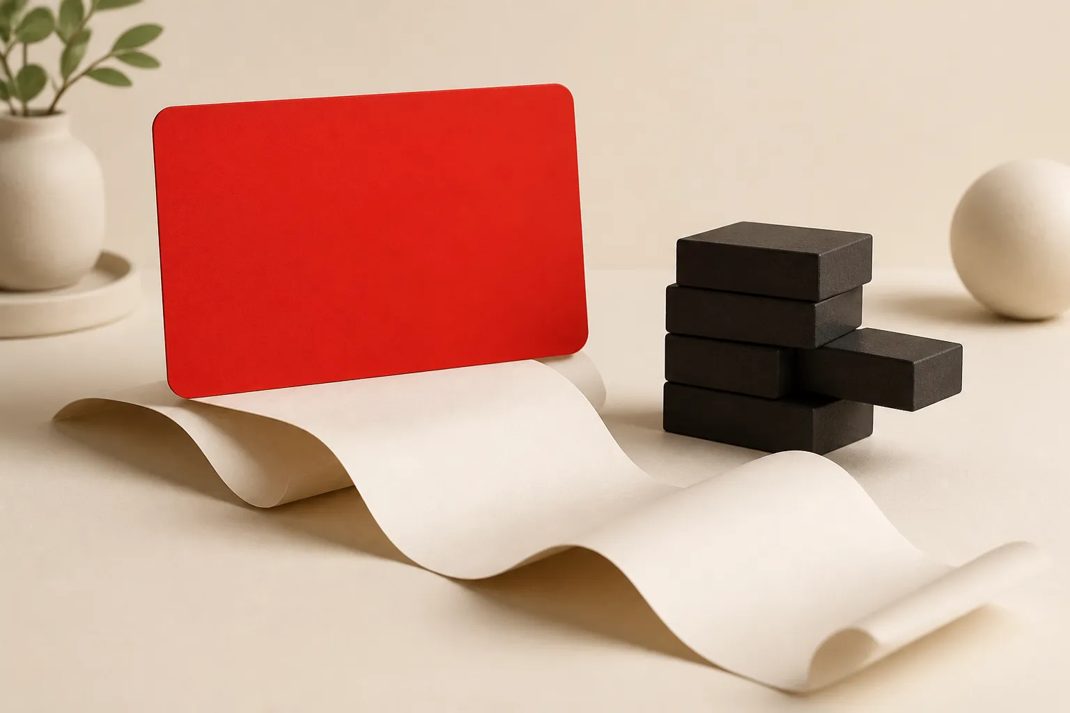Illustration: a red credit card on a desk with a long statement curling out from under it