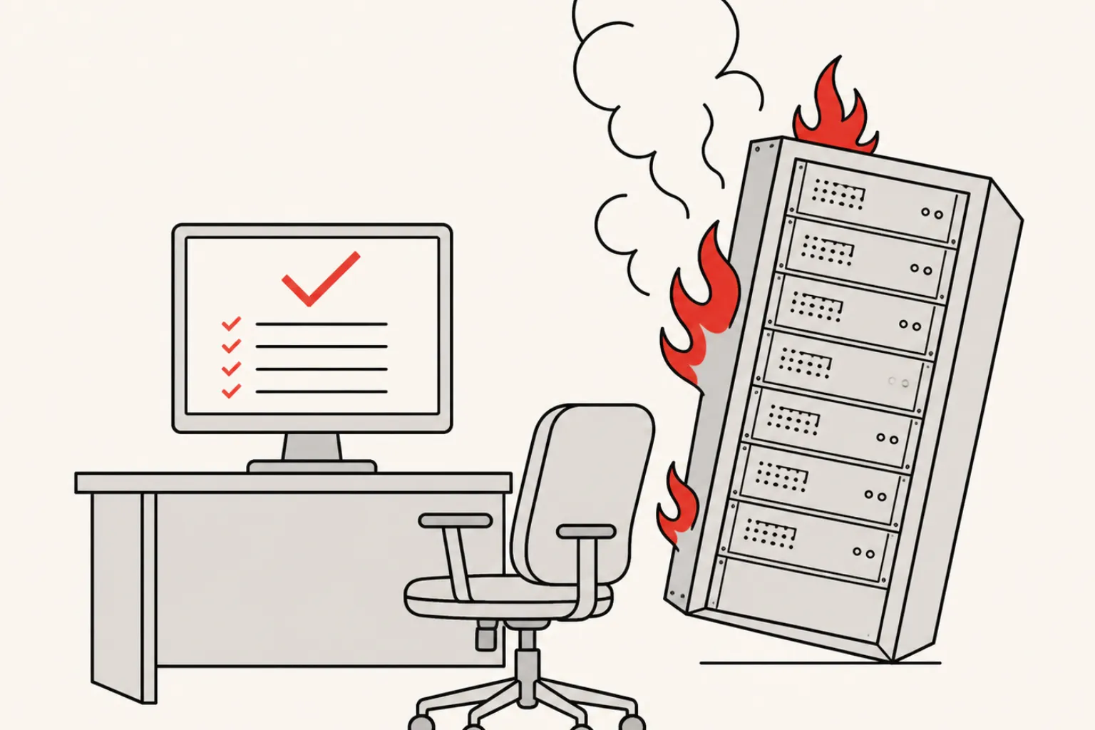 A monitor showing a green checkmark while a server rack burns behind the desk