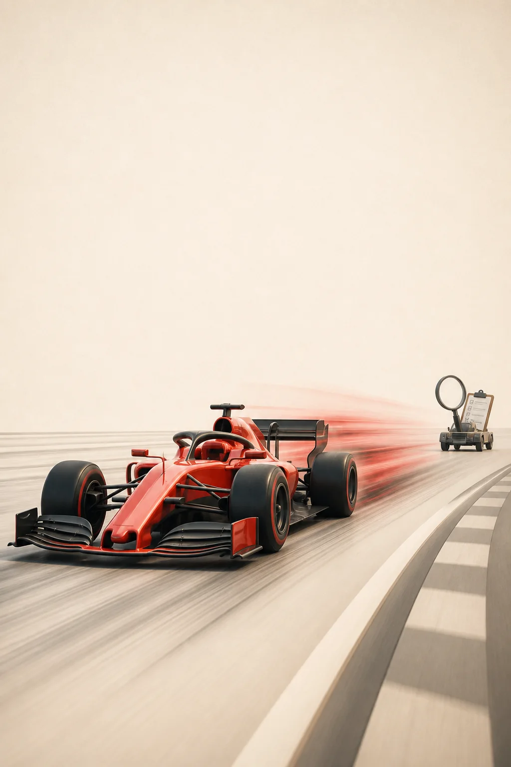 Illustration: a red race car far ahead of a tiny QA inspection cart