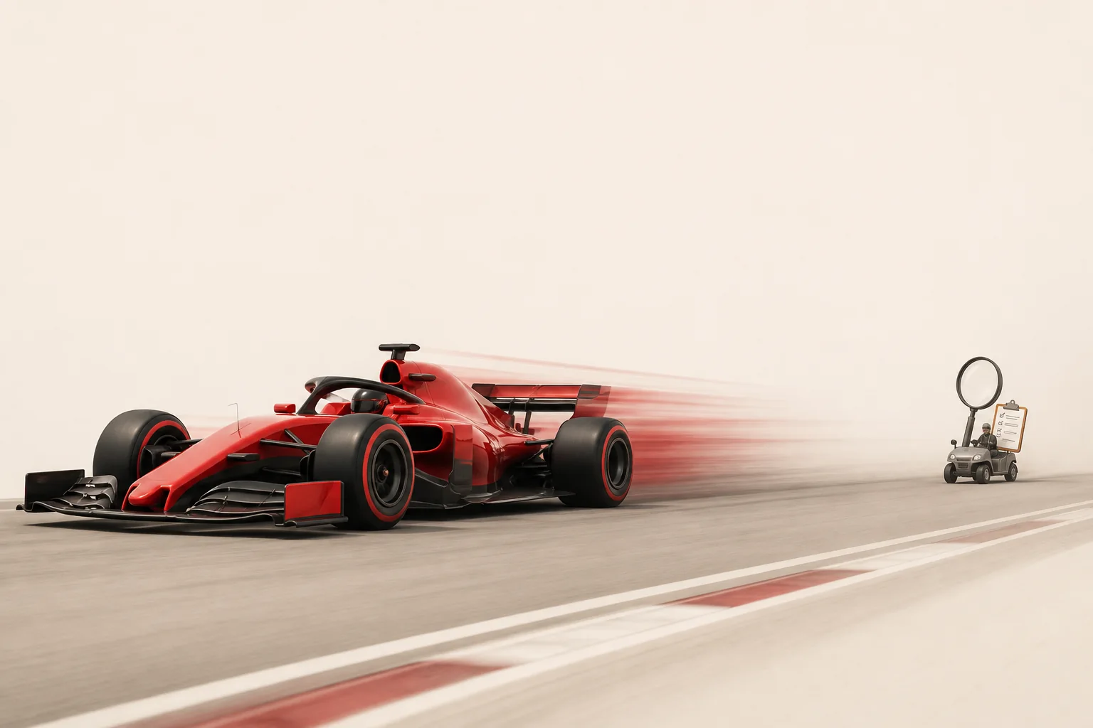 Illustration: a red race car far ahead of a tiny QA inspection cart