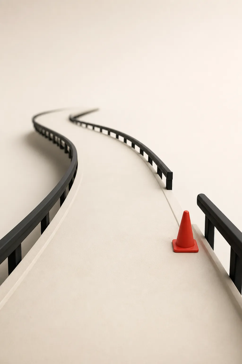 Illustration: a clean highway with sturdy guardrails and one missing section marked by a warning cone