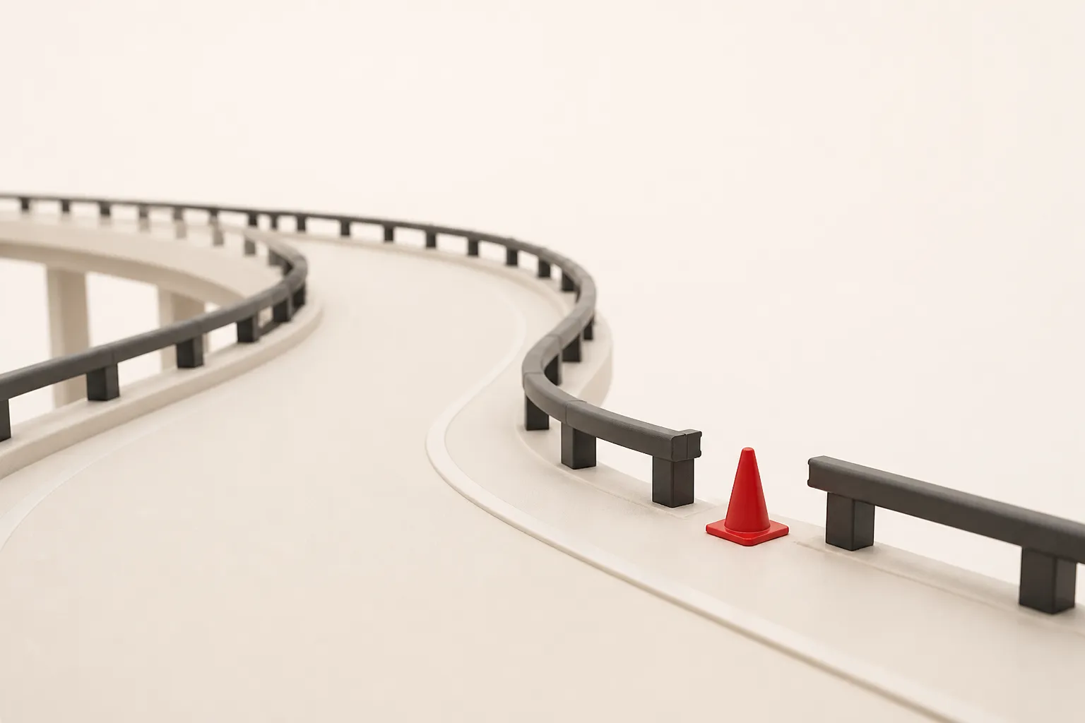 Illustration: a clean highway with sturdy guardrails and one missing section marked by a warning cone