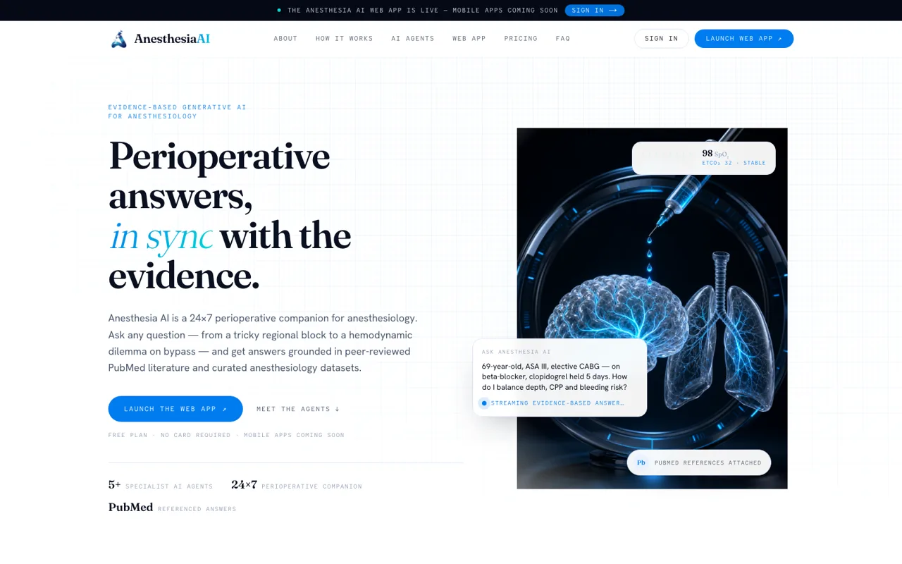 The AnaesthesiaAI homepage, the fifth specialty platform in the AIMD family