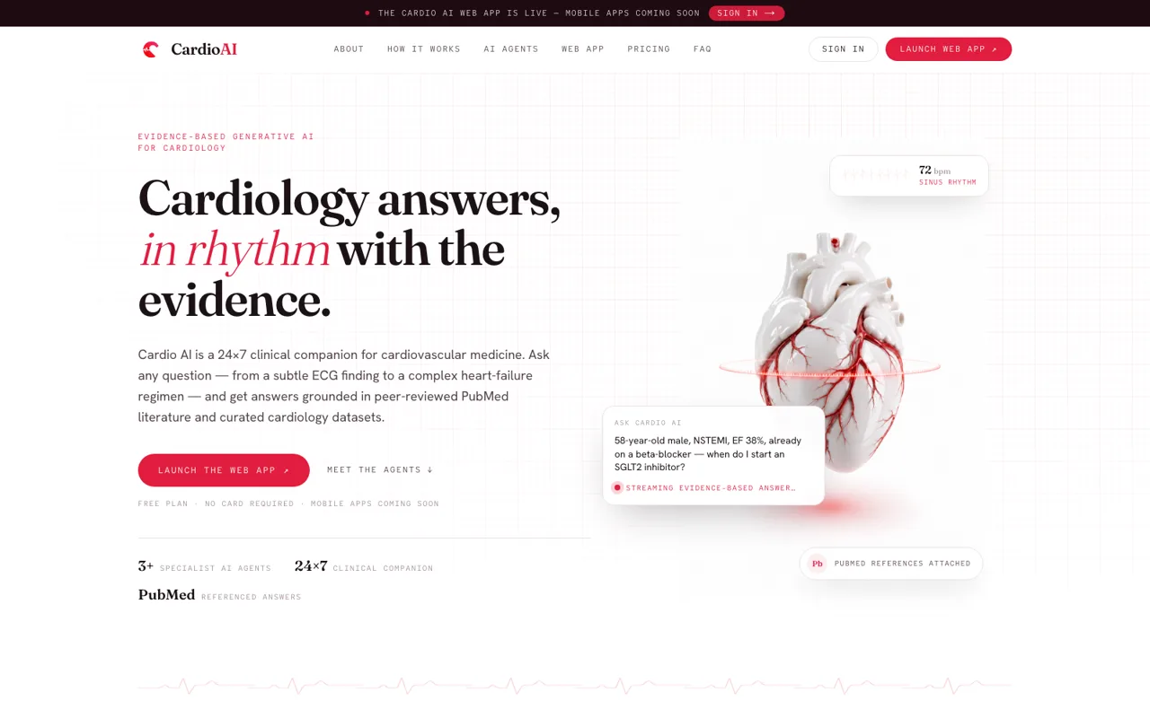 The CardioAI homepage, headlined "Cardiology answers, in rhythm with the evidence"