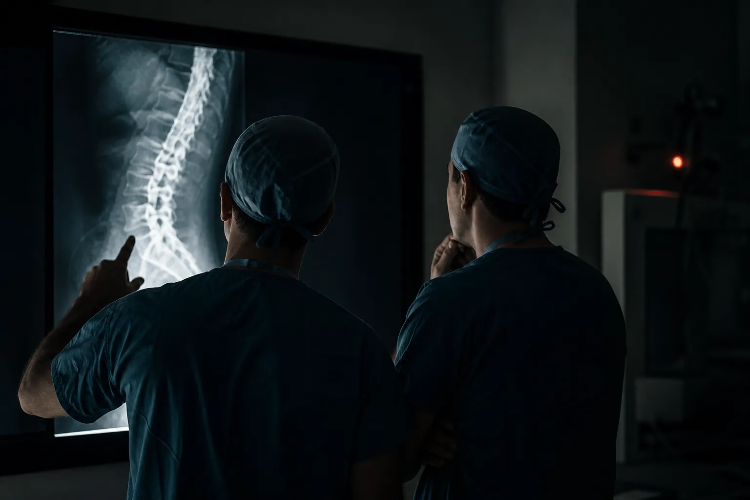 Two surgeons studying a glowing spine X-ray on a wall display