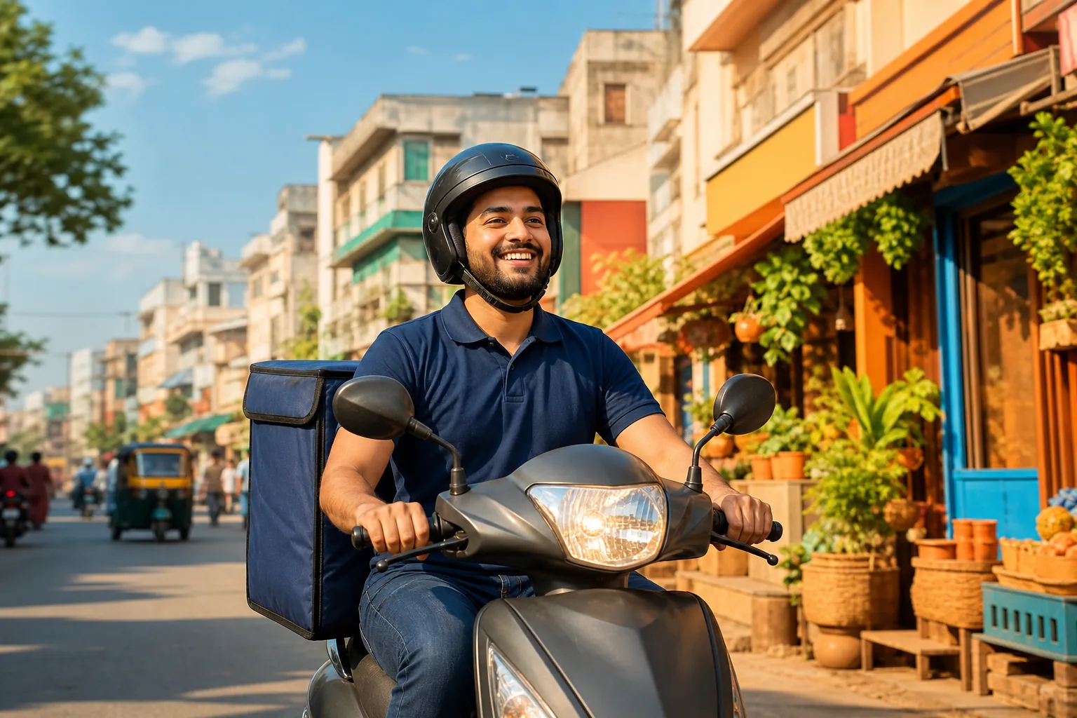 Delivery rider in golden morning light on a city street
