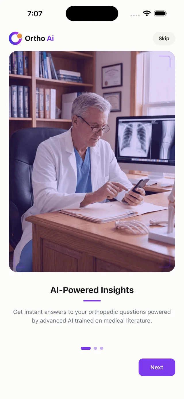 The OrthoAI app's opening screen, introducing AI-powered clinical insights