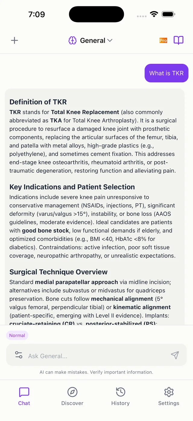 An OrthoAI answer in the app explaining what a total knee replacement is, with its evidence listed below
