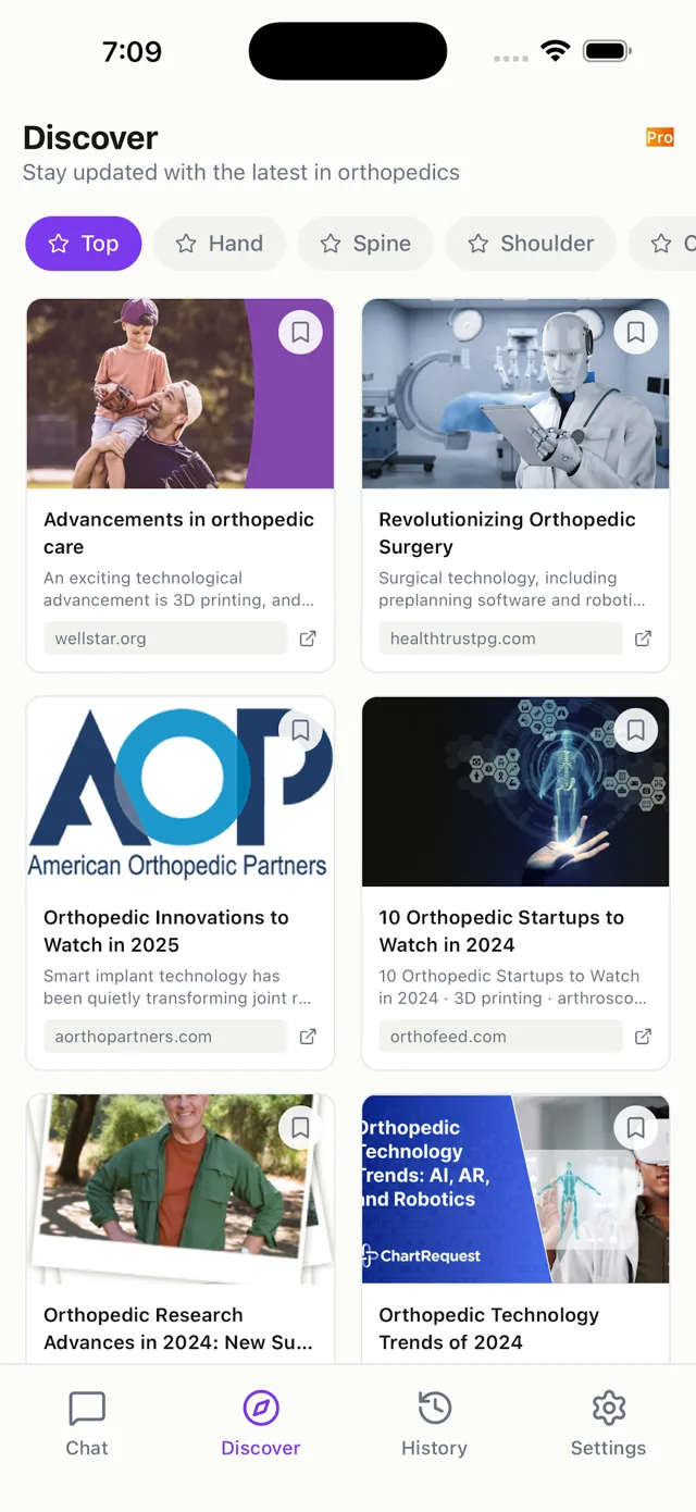 The Discover feed in the OrthoAI app, a scrolling list of curated orthopaedic articles