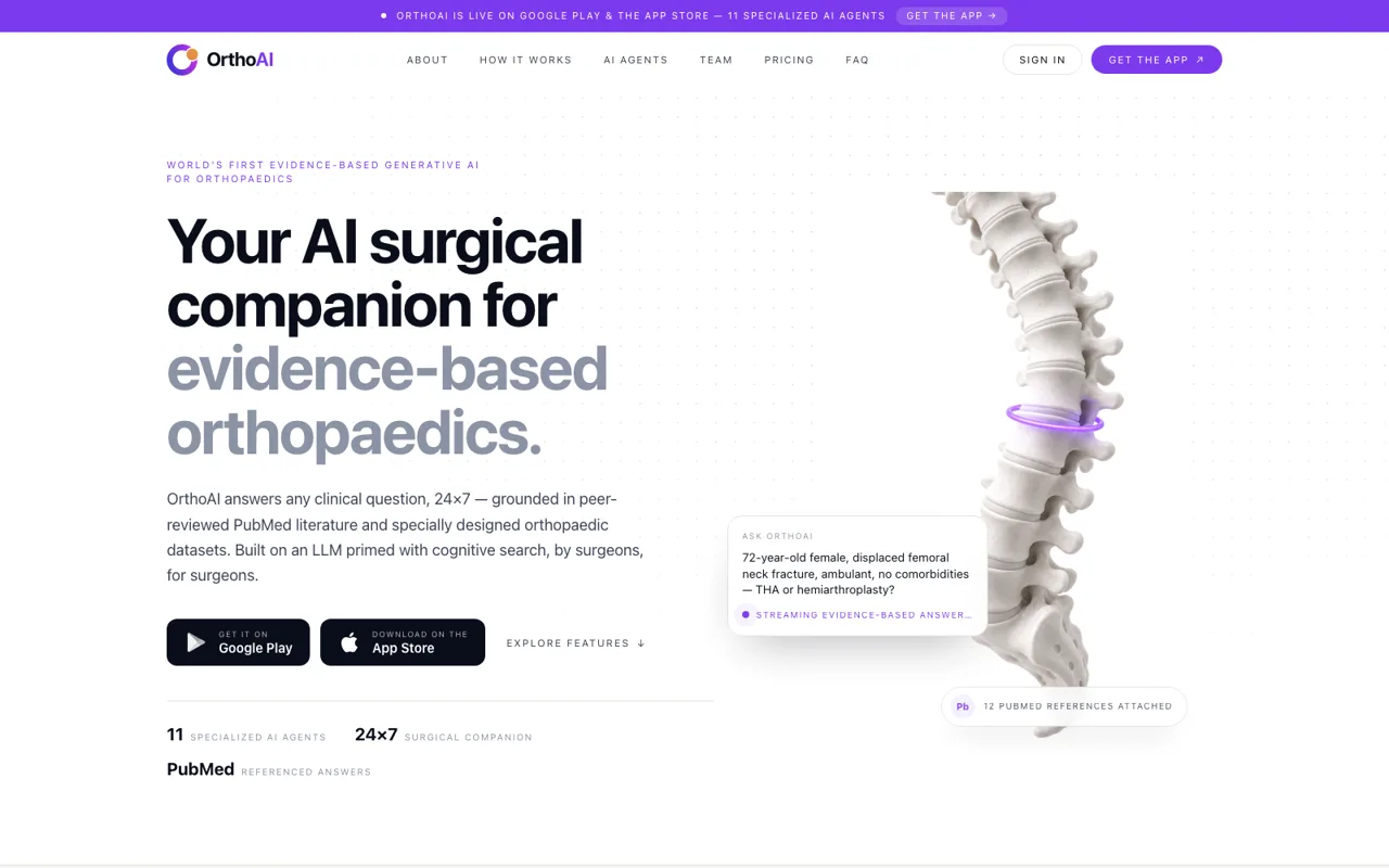 The OrthoAI website homepage, headlined 'Your AI surgical companion'