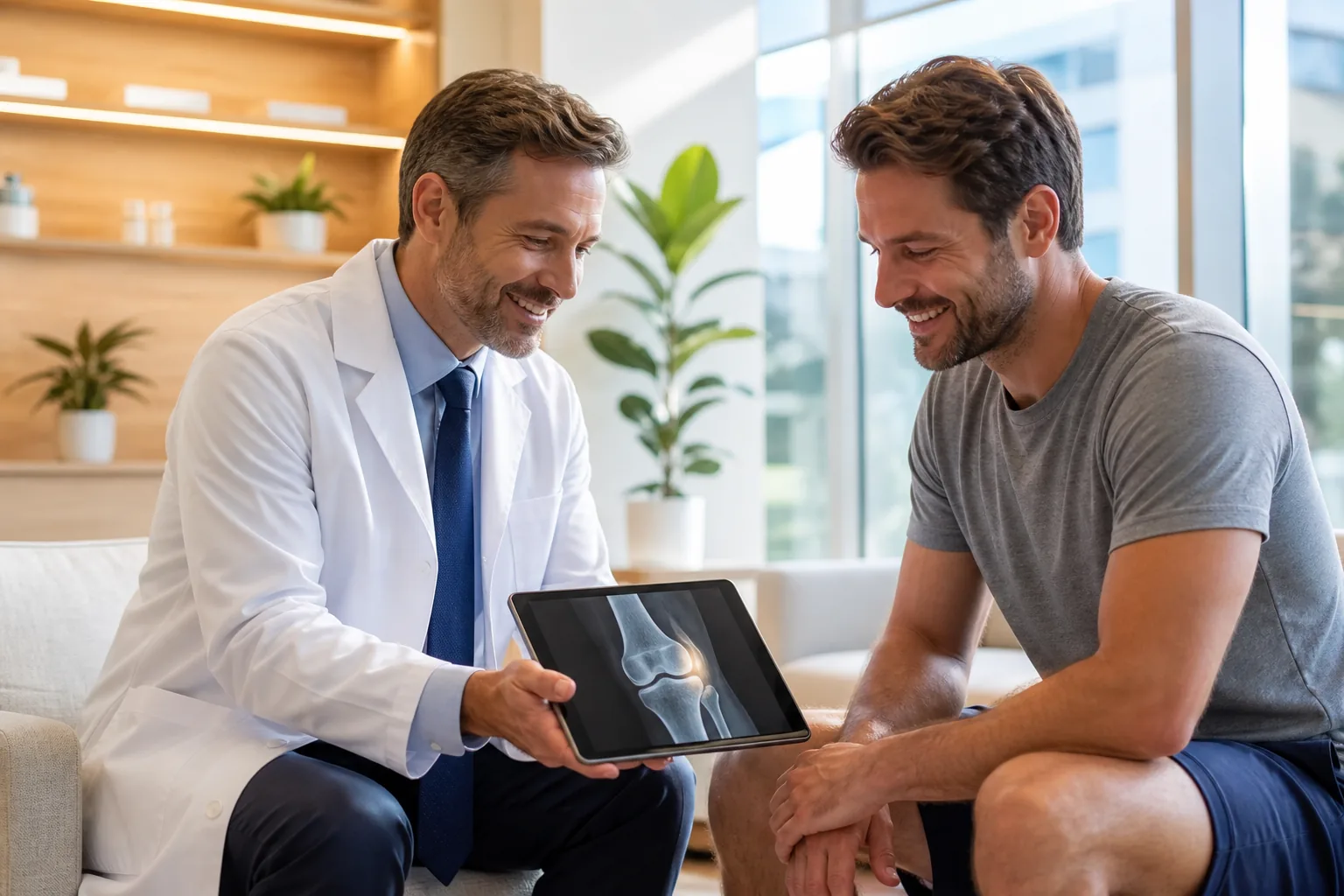 Doctor showing a knee scan on a tablet in a bright clinic