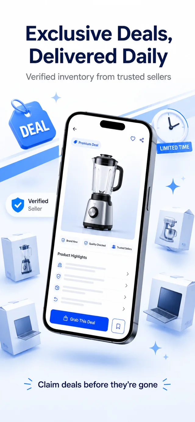 The Rocketdeal app showing daily verified deals — bulk lots of phones and laptops with prices below wholesale