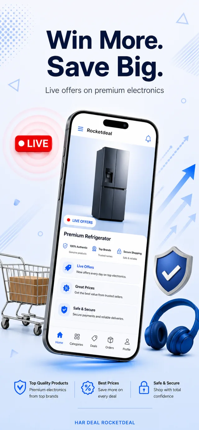 The Rocketdeal app's live auction screen, headlined Win more, save big