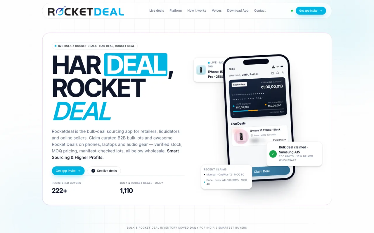 The Rocketdeal homepage, headlined Har Deal, Rocket Deal, introducing the invite-only bulk marketplace