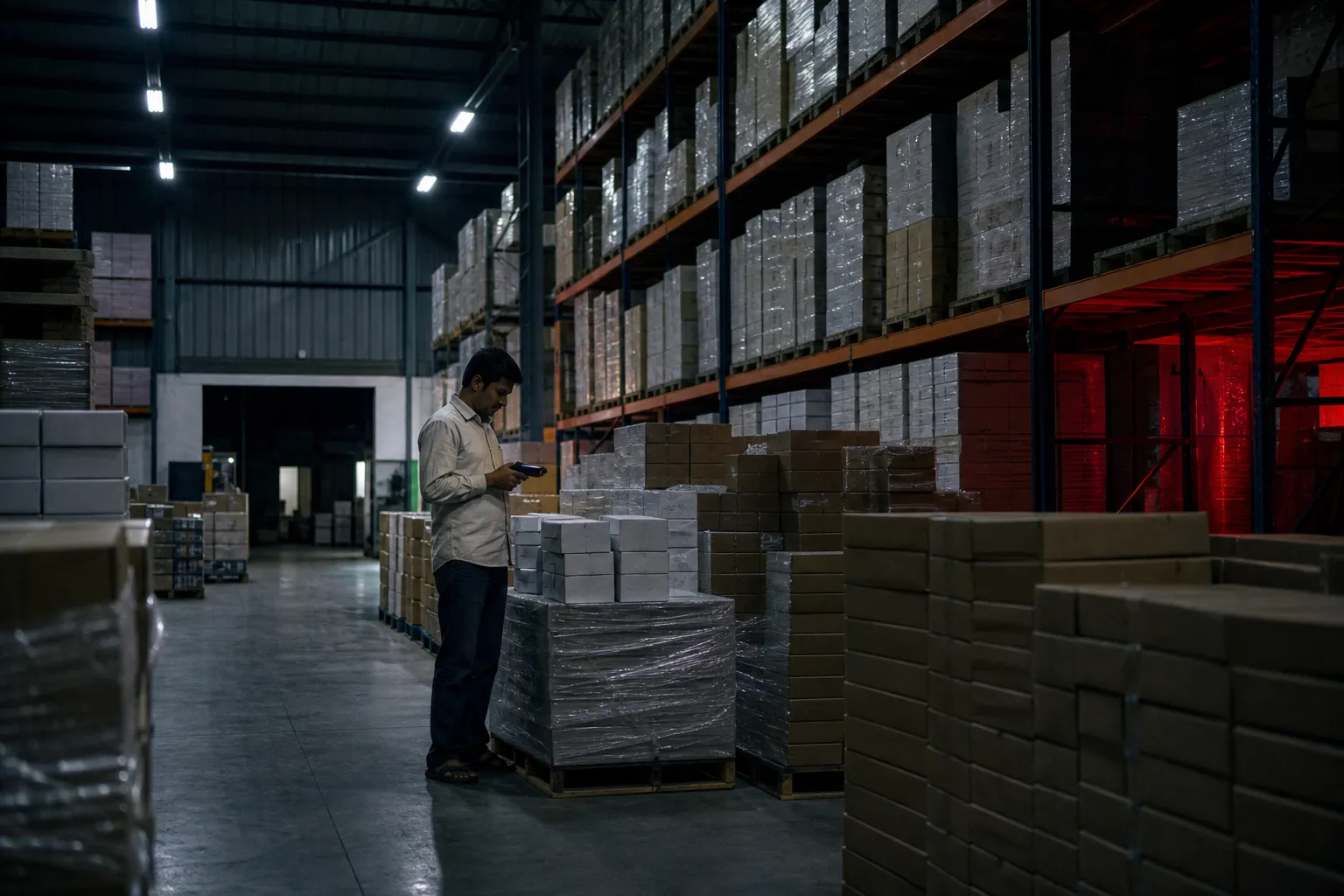 Night warehouse aisle with shrink-wrapped pallets of electronics