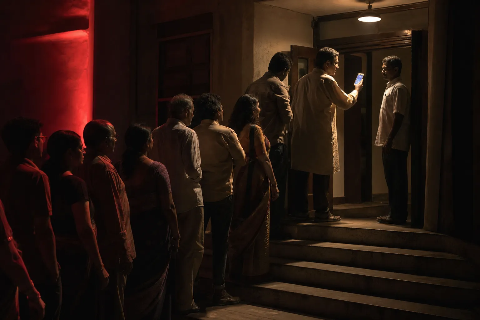 A night queue on the steps of an Indian theatre; at the door, a theatregoer holds up a glowing phone screen to the usher