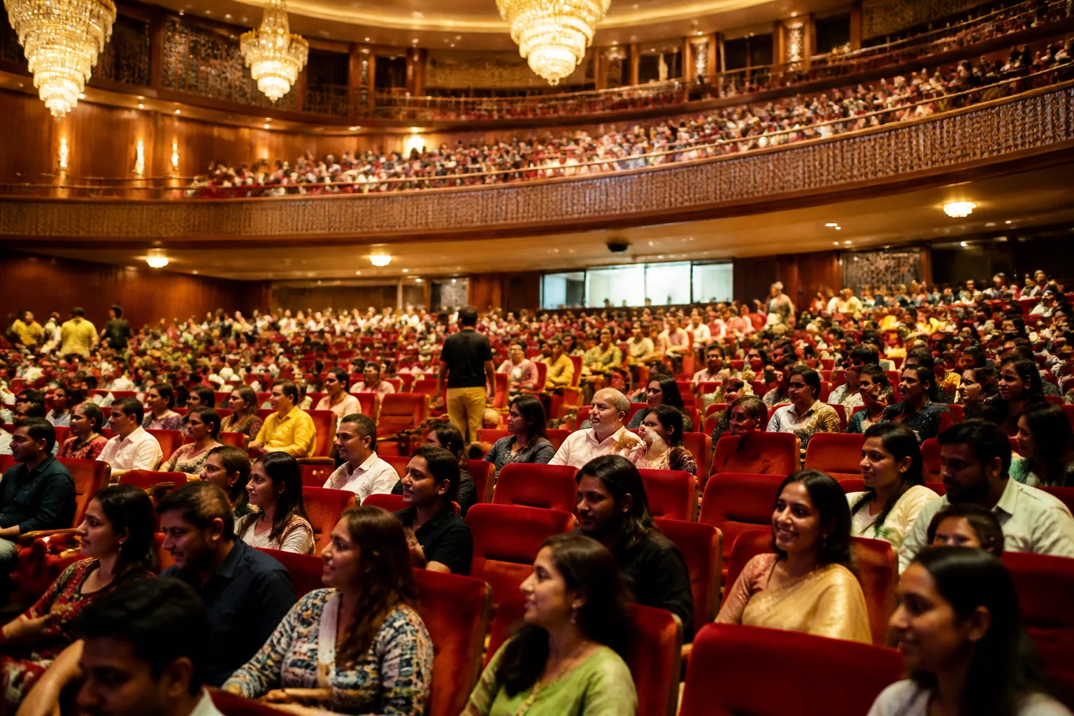 Indian theatre auditorium with red velvet seats